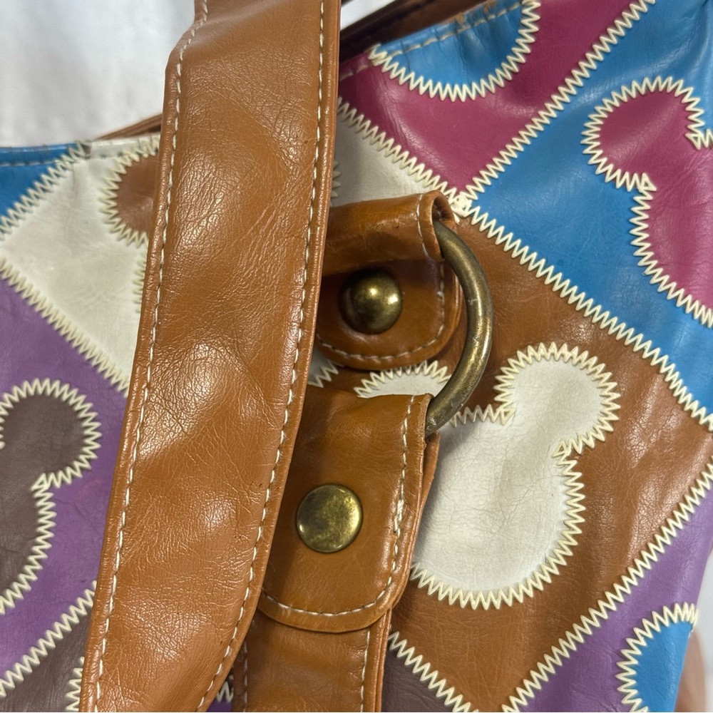 Disney Parks Mickey Mouse Multicolor Patchwork Tote Hobo Sa Bag with Brown Trim - Picture 2 of 14